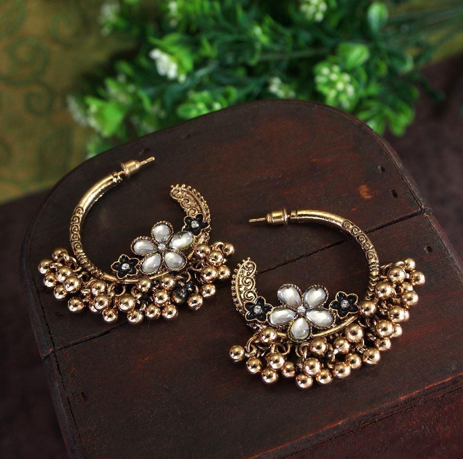 Antique Gold Plated Round Shaped Hoop Earring.-Gold / White
