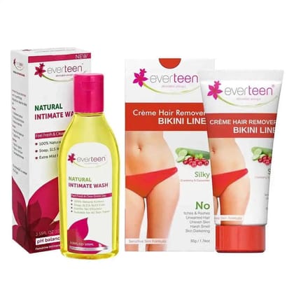 everteen Combo: Bikini Line Hair Removal Creme SILKY and Natural Intimate Wash for Women-With 105ml Wash