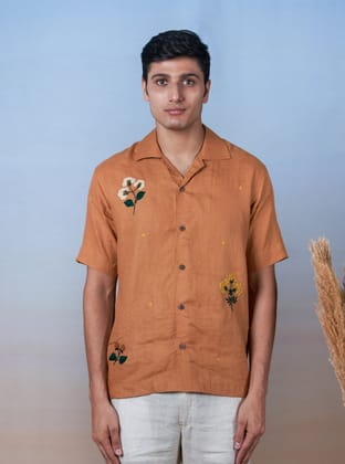 GOLDEN BREEZE - HAND EMBROIDERED UNISEX LINEN SHIRT-XS