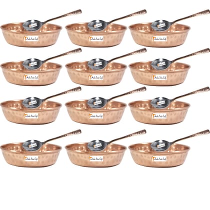 Prisha India Craft Pure Copper Serving Bowl with Spoon Set  Hammered Design  Diameter 4  Inch  Set of 12