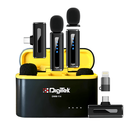 Digitek® (DWM-114) 2-in-1 Wireless Microphone, 2.4GHz, 6.6Hr Battery, Noise Reduction, 40m Range, 360° Sound Capture, Plug n Play, iPhone & Android Compatible, for Video Recording, Interview, V