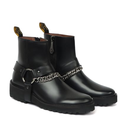 Men's Black Leather High Ankle Boots with Stylish Silver Chain Light Weight Leather Sole one and only by Brune & Bareskin-41/7