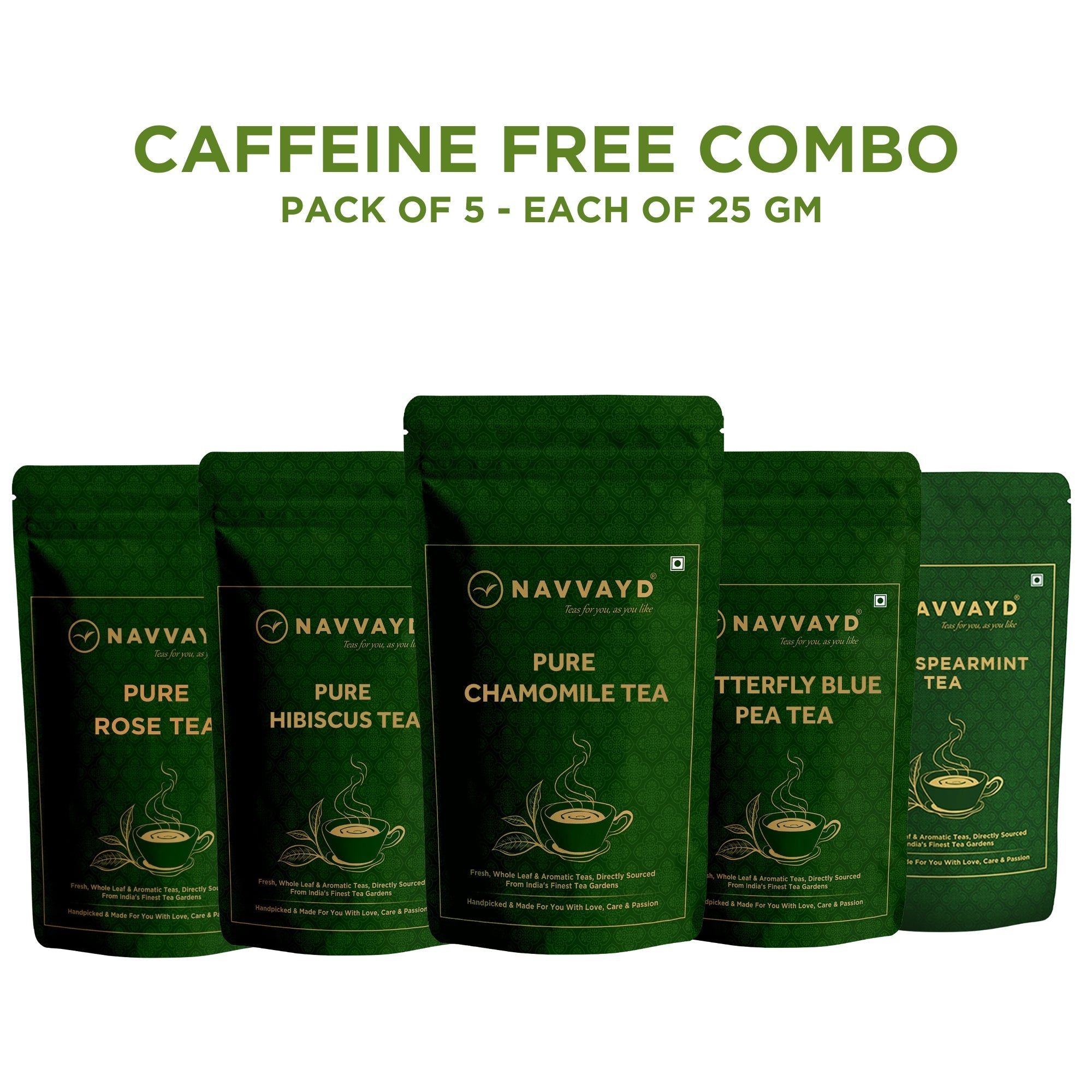 Caffeine Free Tea Combo - Pack of 5 - 25 gm Each-Caffeine Free Tea Combo - Pack of 5 - 25 gm Each - 125 Gms - 60 Cups