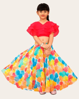 Girls Multicolour Georgette Silk Lehenga and Three Layered Frill Blouse Set Ethnic Wear Girls-P / 2 Years-3 Years