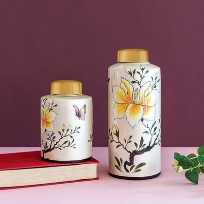 Delicate Blooms Ceramic Jars - Pair-BIG: HEIGHT - 12 INCHES & WIDTH - 5 INCHES AND SMALL: HEIGHT - 8 INCHES & WIDTH - 5 INCHES / Ceramic / Available