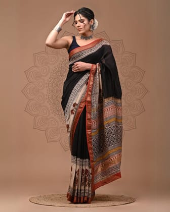 Ethereal Maheshwari Pure Silk Black Saree Blockprint