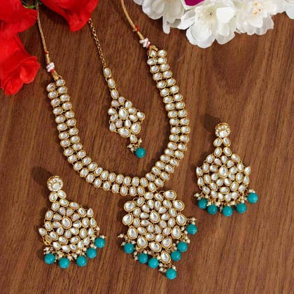 Firozi Color Kundan Necklace Set-Adjustable Rope / Blue / Alloy With Good Quality Gold Plated