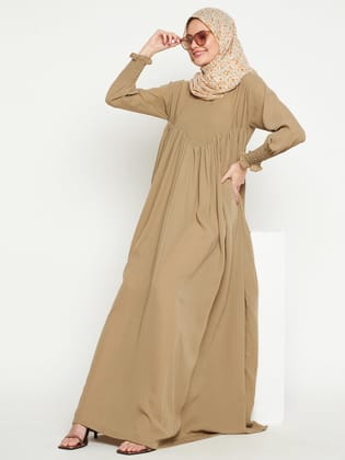 Nabia Women Beige Solid A-line Abaya Burqa With Black Georgette Scarf-XS / 54