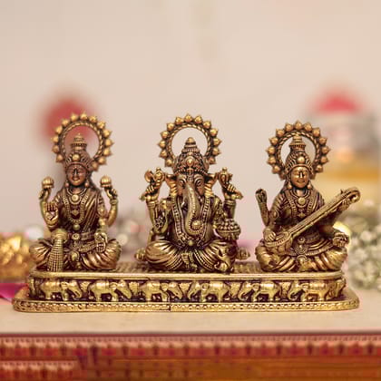 Antique Brass Exquisite Lakshmi, Ganesh and Saraswati  Set In 3 Inches (8 Cm)-Spirituality
