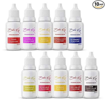 Bake King Mango, Blueberry, Vanilla, Dark Chocolate, Banana, Butterscotch, Paan, Pineapple, Rose Milk and Red Velvet Flavour Essence 30 Ml (Pack of 10)