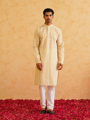 Men's Ethnic Motifs Embroidered Regular Thread Work Cotton Beige Kurta with Churidar-36