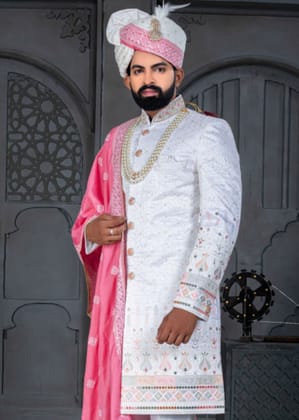 White and Pink Designer Sherwani for Groom-S