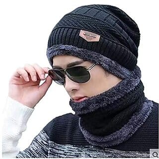 Winter Woolen Cap Hat Neck Scarf Warm Knitted Fur Inside for Men and Women (Multi Color)