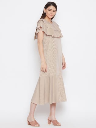 Brown & smoke gray Striped A-Line Midi Dress