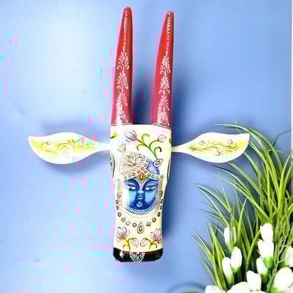 Wooden Cow Head With Shree Nath Ji Face Wall Hanging | Nandi Bull face With Detachable Ears Wall Decor - For Home, Living Room, Entrance, Puja Room & Gifts-Big