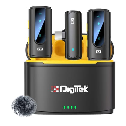 Digitek® (DWM-112) 2-in-1 Wireless Microphone System, 50M Range, Noise Reduction, 7Hrs Run Time, 2.4G, Type C to Lightning, for Android / iOS, Seamless Audio Recording, Vlogging, YouTube & More