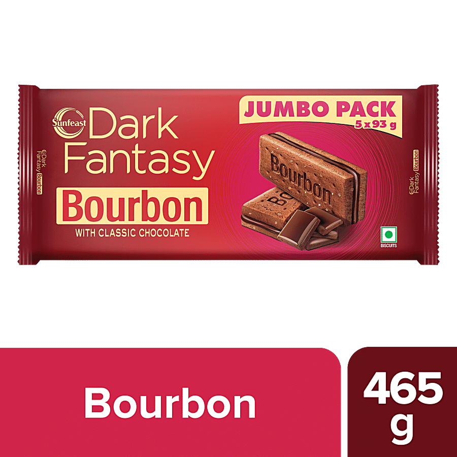 Sunfeast Dark Fantasy Bourbon - With Classic Chocolate Jumbo Pack, 465 g (5 x 93 g)