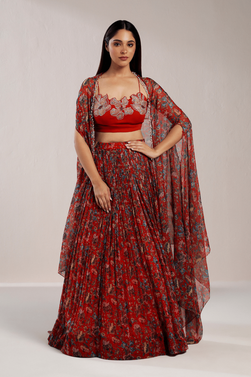 RED PRINTED FLORAL LEHENGA WITH CAPE-XS
