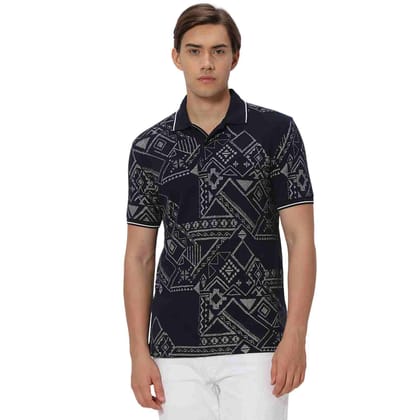 Mufti Navy & White Tribal Print Pique Polo T-Shirt