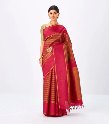 Mustard Handloom Kanchipuram Silk Saree With Stripes-Mustard