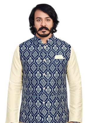 Men's kurta pajama with Nehru jacket, Jacquard-S / Blue