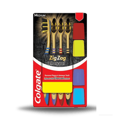 Colgate Zigzag Charcoal Medium Bristle Toothbrush, 4 Units Pack