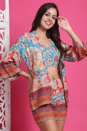 Multi Color Abstract Printed Viscose Rayon 3 pcs Coverup Set With Robe Beachwear For Woman-S