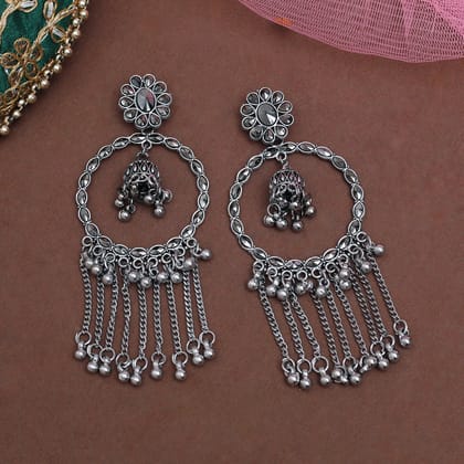 Silver Color Oxidised Earrings (GSE3030SLV)-Length: 10.00 CM x Width: 4.00 CM / Silver / Alloy With Good Quality Silver Plated