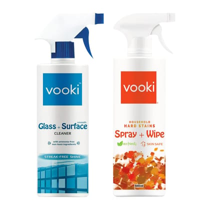 Vooki Nature Smooth Glass Surface Cleaner and Ecofriendly Hard Stains Spray and Wipe - 500 ml Each, (Combo Pack of 2)