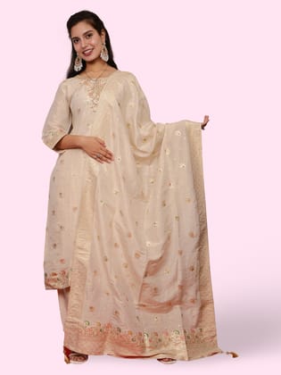 Women's Silk Kurta-Pant, and Dupatta Set-Beige / 2XL