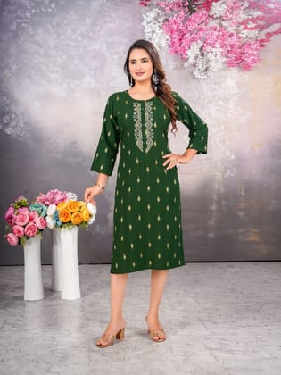 Cotton Kurti with Stunning Embroidered Neck-Dark Green / L