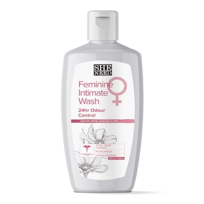 SheNeed 24hr odor control Feminine Intimate Wash- Blocks Odour For 24 Hours And Improves Inner Hydration With Ph-3.5. 100% Natural With Vit E, Aloe Vera And Tea Tree Oil - 100 ML