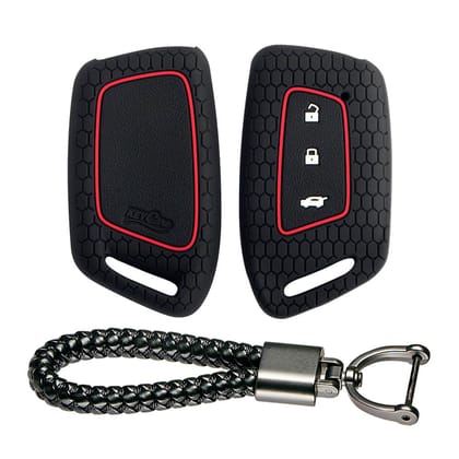 Keycare silicone key cover and keyring fit for : Mg Hector New smart key (KC-64, Leather Thread Keyring)-Black