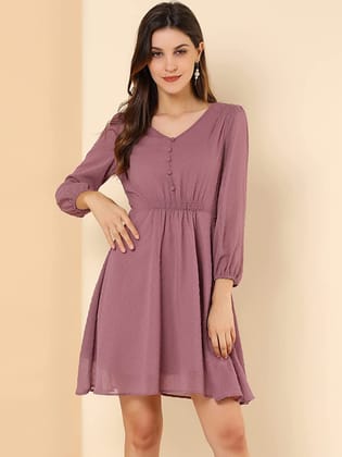 Rosy Brown Fit & Flare V-Neck Georgette Dress-XS