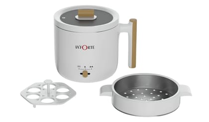 LA' FORTE Multi Cook kettle with Steamer and Egg Boiling Tray Food Grade 304 SS Interior, Double Wall Cool Touch