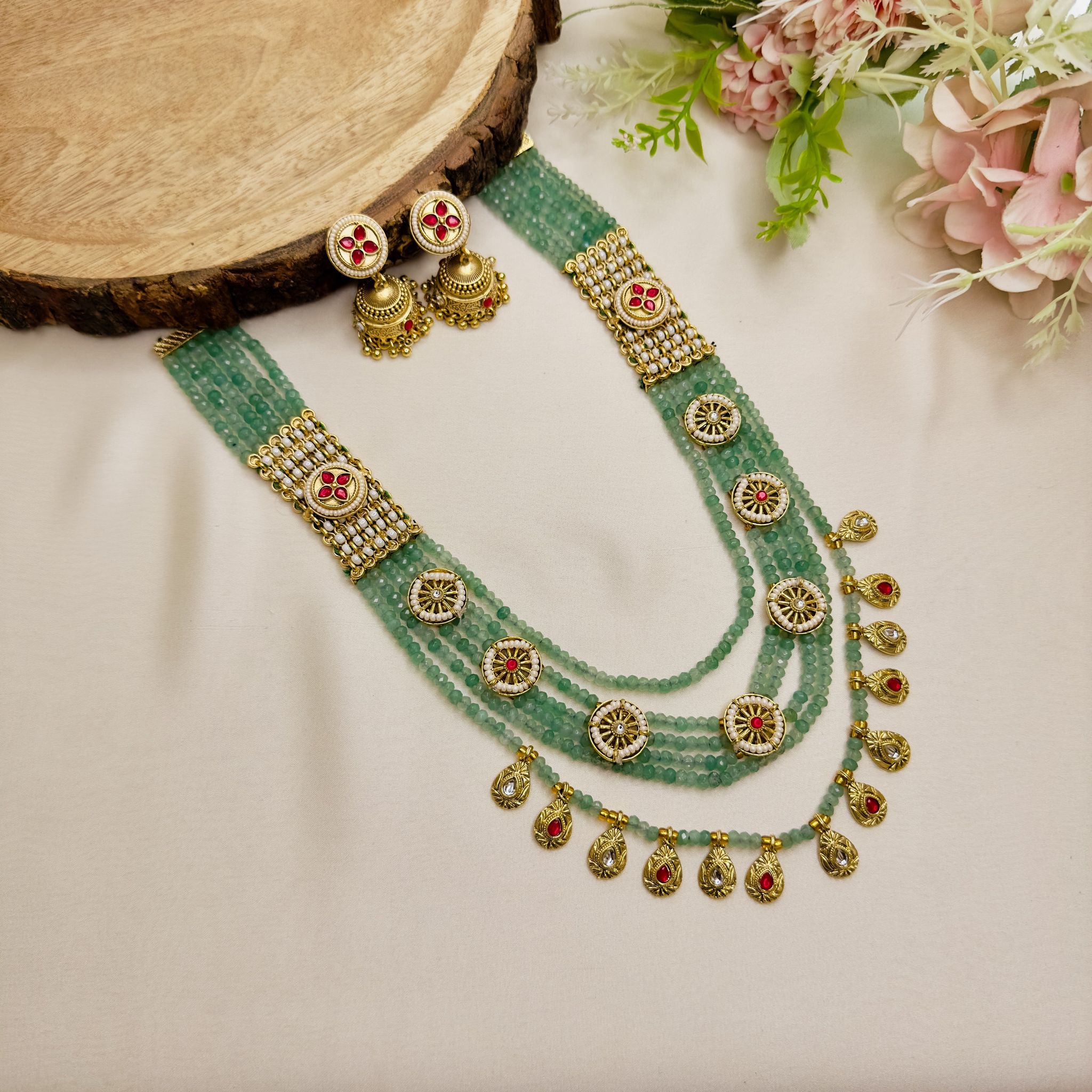Mint Green Layered Rajwadi Necklace Set