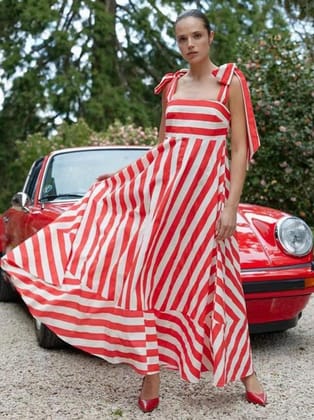 Striped Knotted Strap Maxi Dress-Red / M