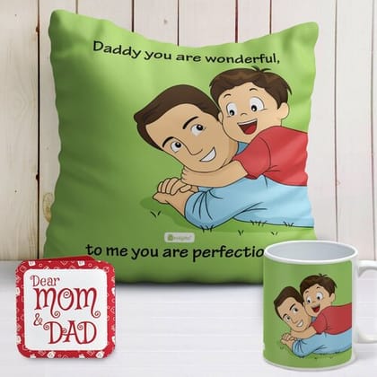 Indigifts Dad You are Wonderful Printed Green Cushion Cover 12"x12" with Filler & Coffee Mug - Papa Gift for Birthday, Gift for Daddy, Birthday