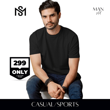 Black Essential Round Neck Short Sleeve T-Shirt (Casual/Sports)-M / Polyester / Adults