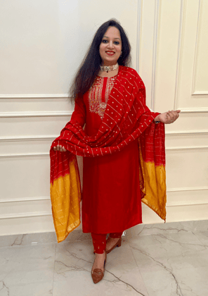 Hand Embroiery Dola Silk Red Colour 3pc Suit-M