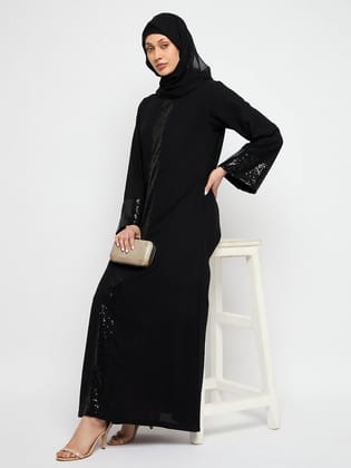 Nabia Embroidery Slip-On Closure Round Neck Black Abaya Burqa With Black Scarf-XS / 54