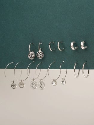 7 Pair Coin Drop Silver Earrings