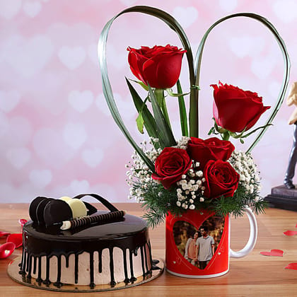 Chocolate Cake Red Roses Personalised Combo