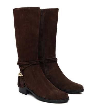 High Ankle Ladies Boots Tassel Dark Brown Suede Leather With Side Zip By Brune & Bareskin-37/4