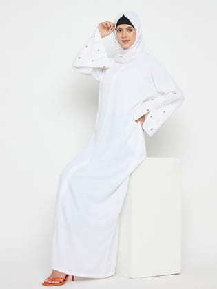 Hand Work Detailing Solid White Luxury Abaya Burqa For Women With Black Hijab-XS / 56