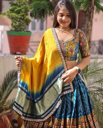Blue - Yellow Bandhani Designer Lehenga Choli