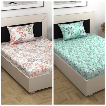 Peach and Green Floral Print Combo Bedsheet for Single Bed-Single / Peach and Green / EM_4001-4005-SB