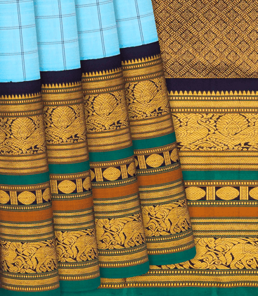Turquoise Handloom Kanchipuram Korvai Silk Saree With Checks-Turquoise-Turquoise
