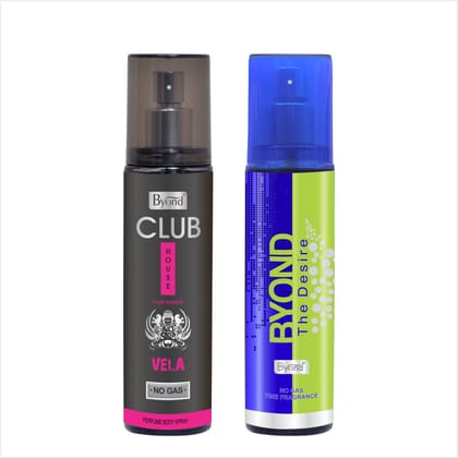 Byond Club House No Gas Deodorant, Perfume Body Spray, Long Lasting Deo For Men 24 Hour, Pack Of 2 (Vela & Desire, 120Ml)