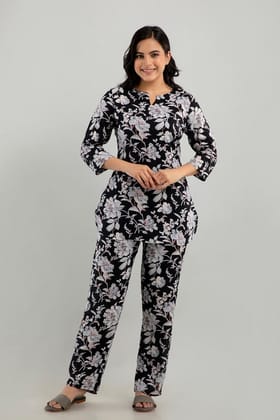 Women's Rayon Printed Plus Size Night Suit Set of Shirt and Pyjama-Black / M-38